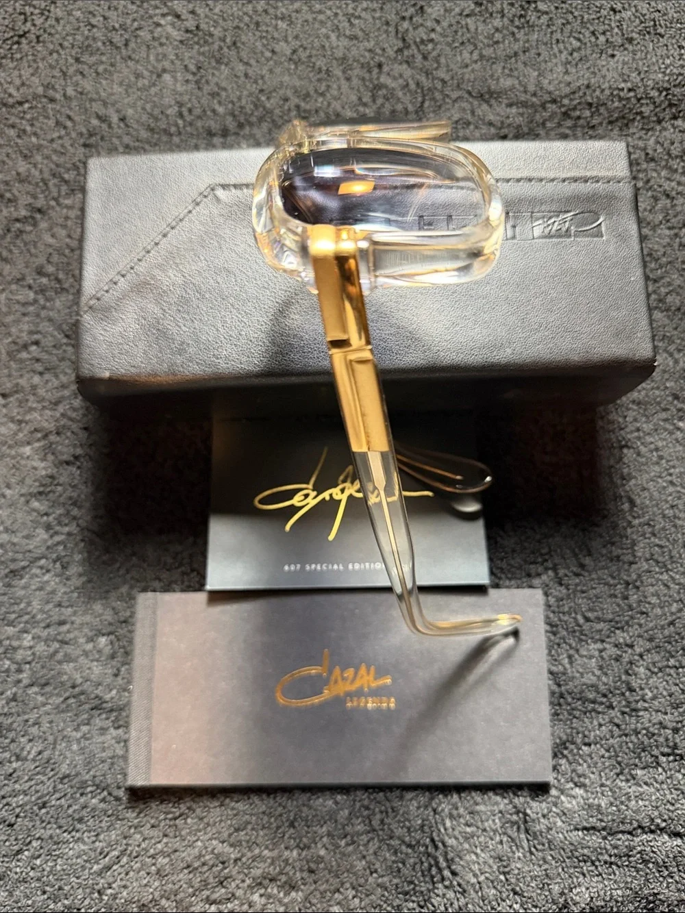 Cazal Clear Translucent Square Sunglasses with Gold Accents and Gradient Lenses